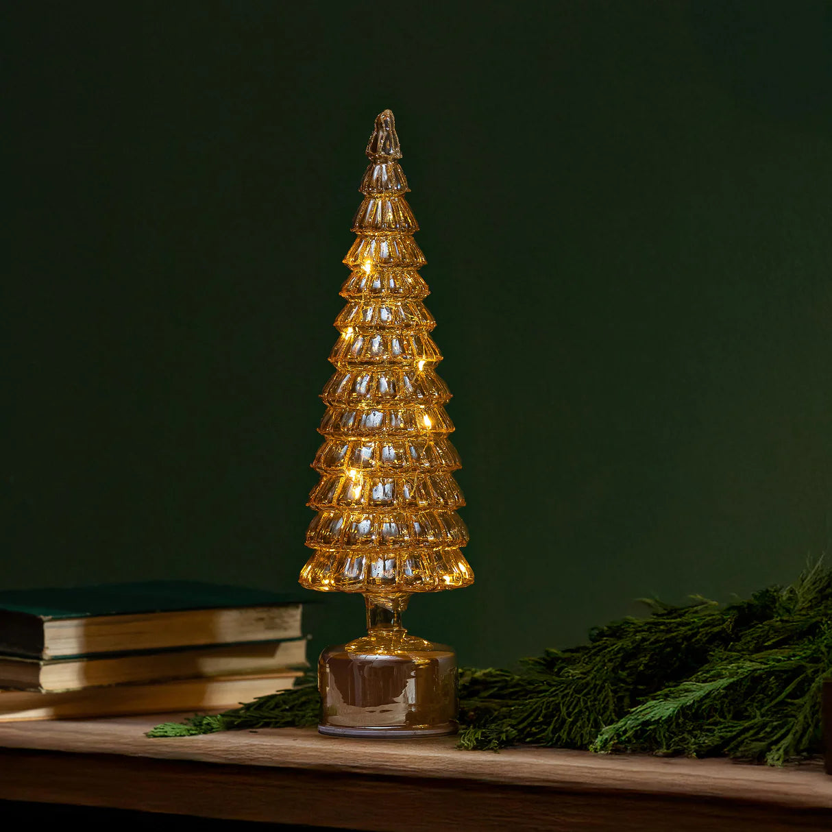 Shades of Green LED Table Decor Tree Shaped Rotating Glass