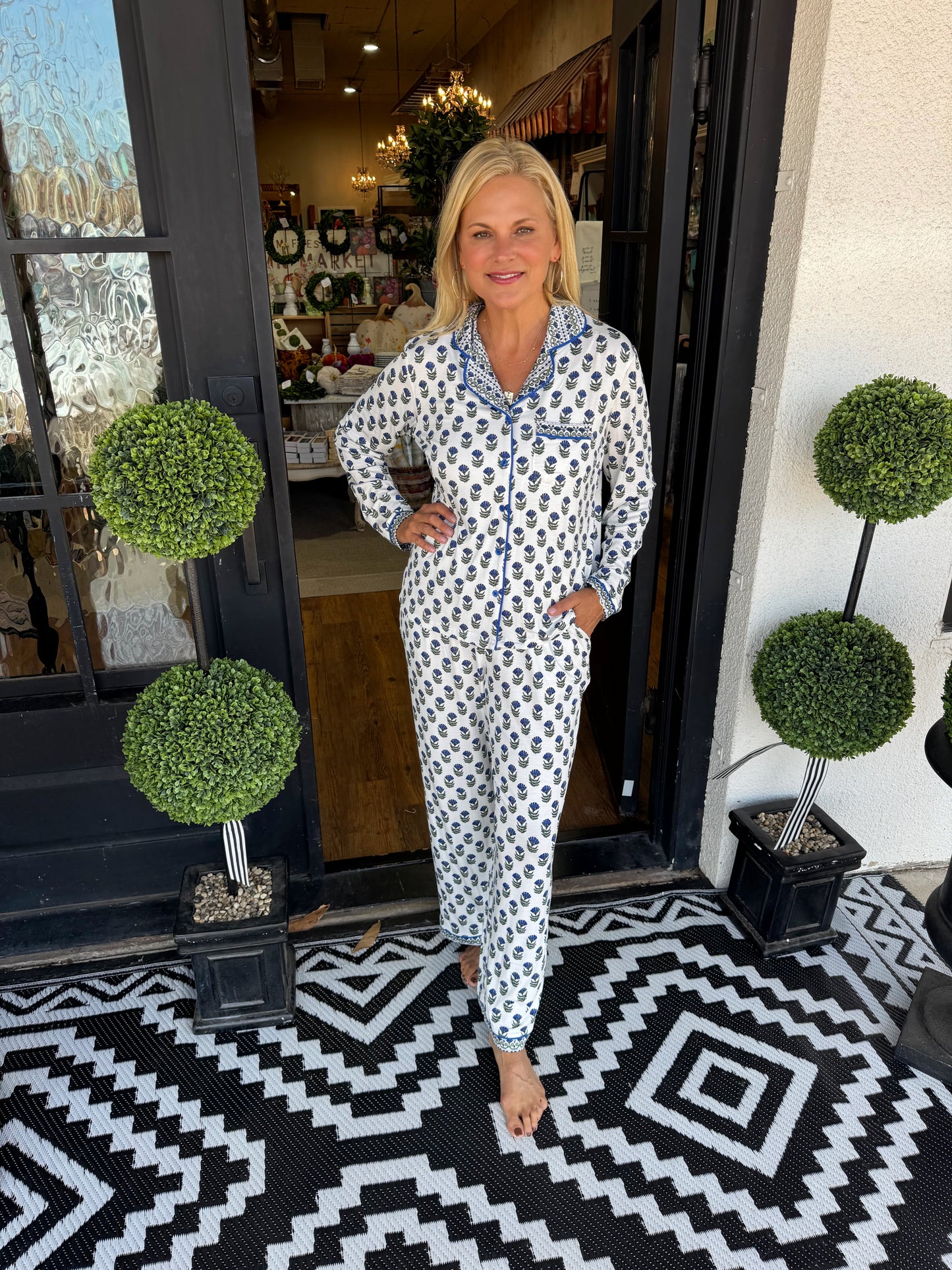 Charlotte Floral Foulard Pajama Set - Navy