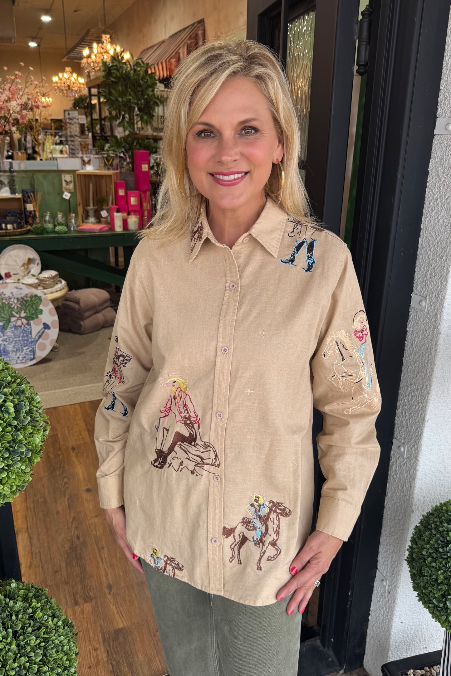 Stevie Embroidered Western Button Down- Camel