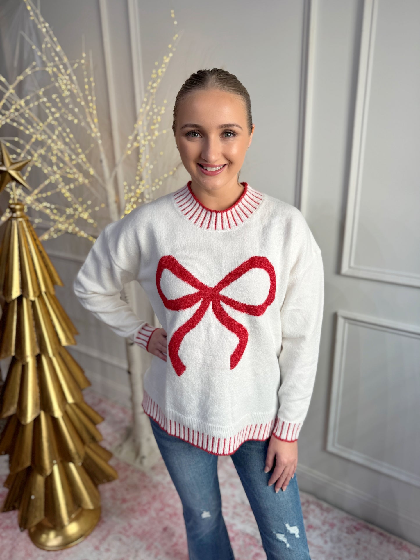 White Wilder Bow Sweater Top