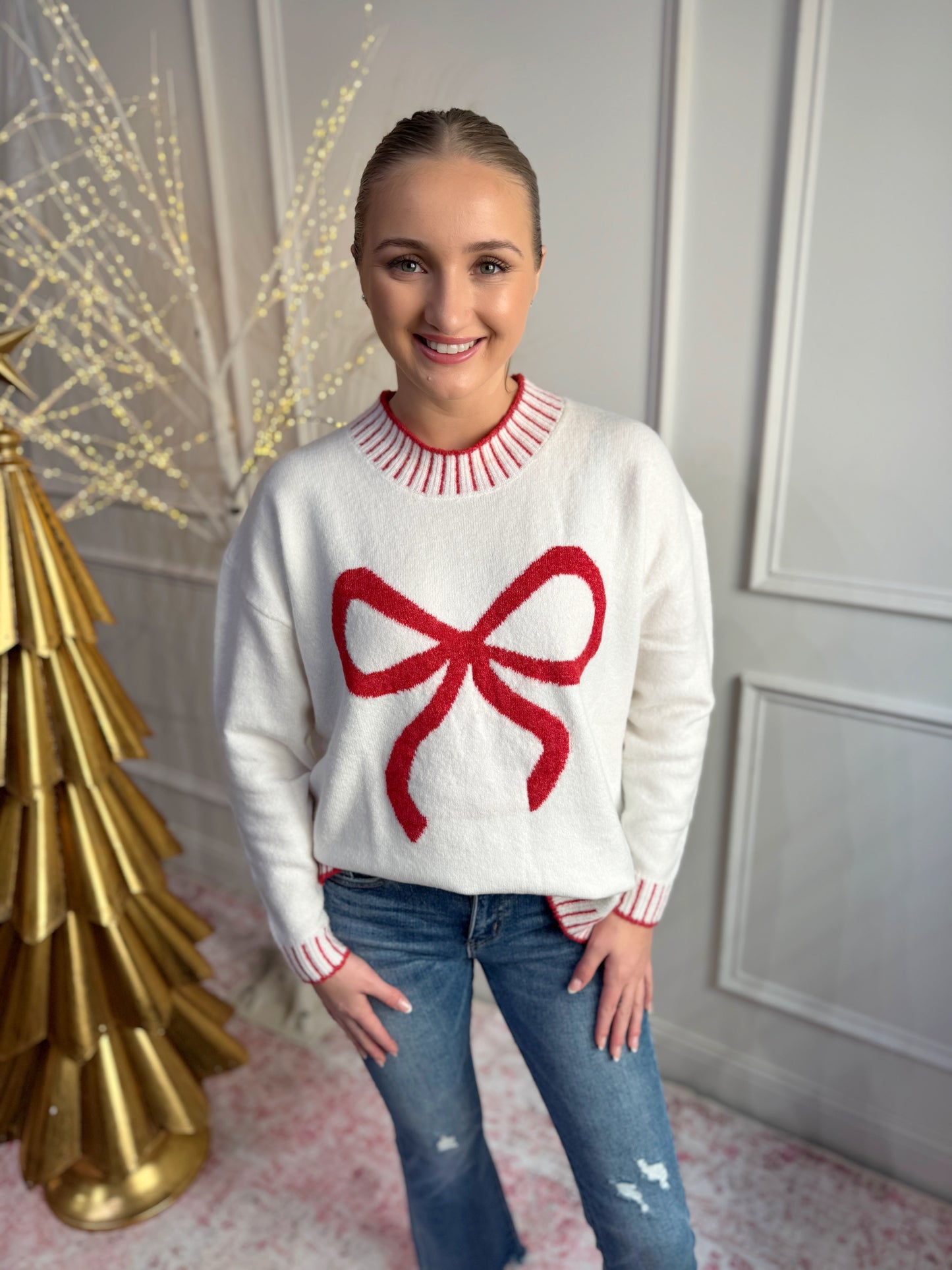 White Wilder Bow Sweater Top