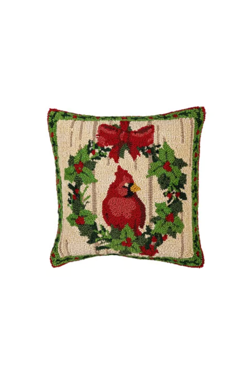 Indoor/Outdoor Hooked Pillow - Cardinal Joy 18x18