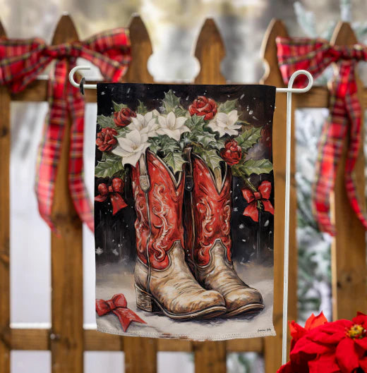 Red Christmas Cowboy Boots Suede Garden Flag