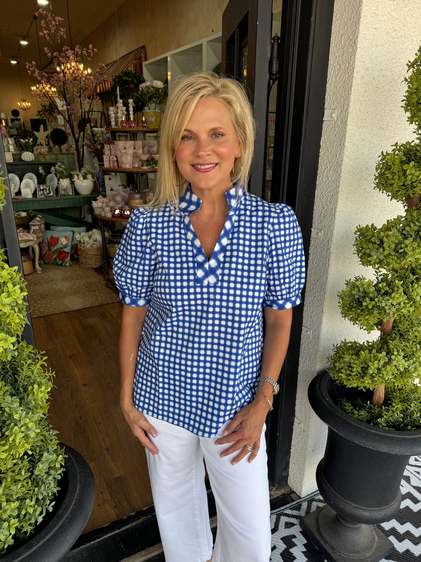 Mary Square Tricia Gingham Mix Top - Navy