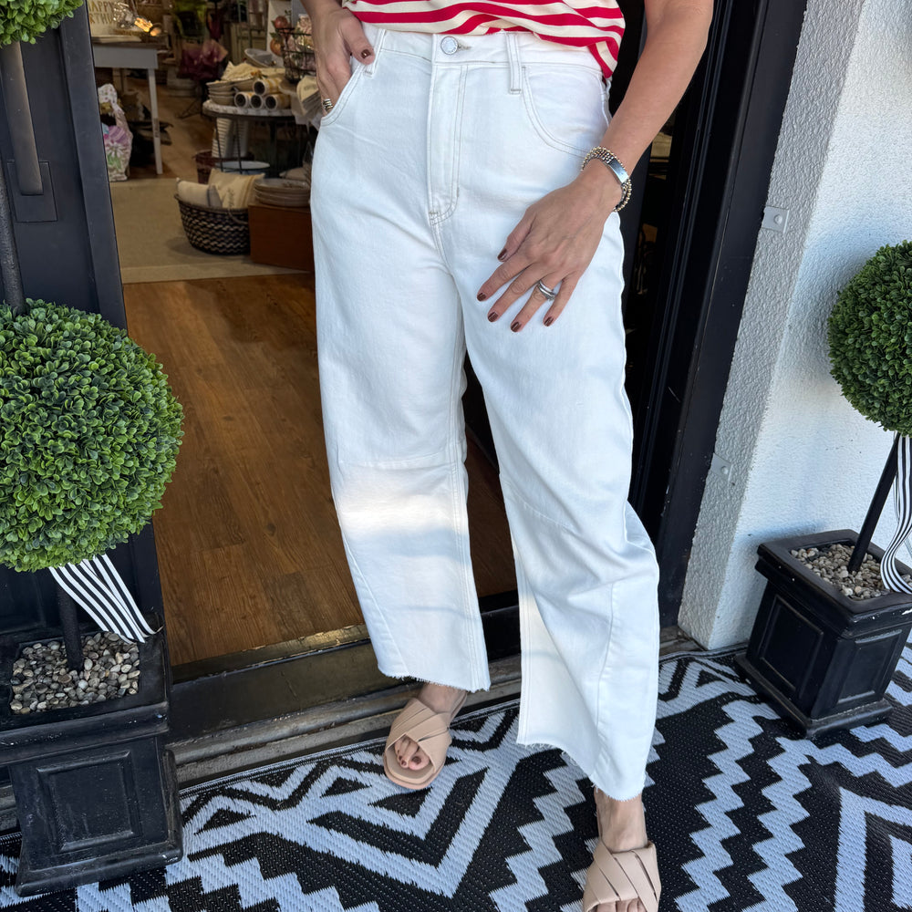 White Barrel Jeans With Seams