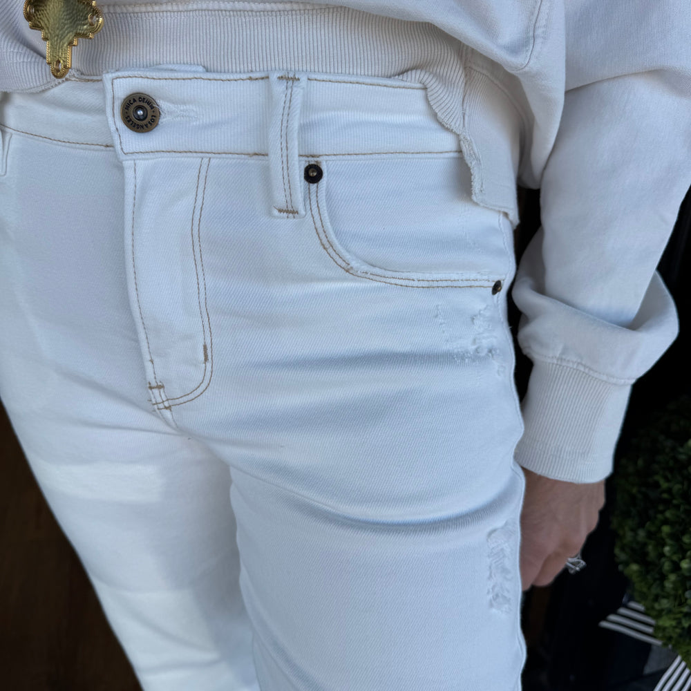 Mid Rise Straight Leg Jeans - Floral White