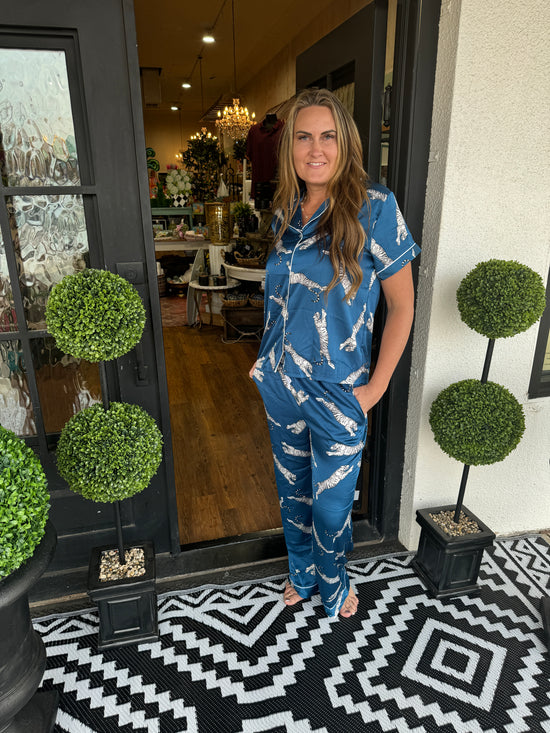 Blue Sateen Leopard Pajama Set