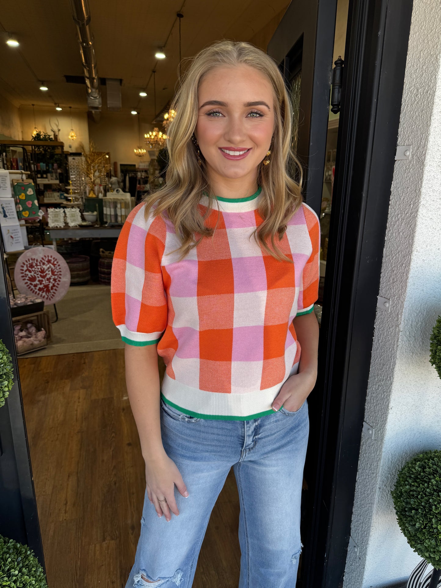 Jade Checkered Knit Top