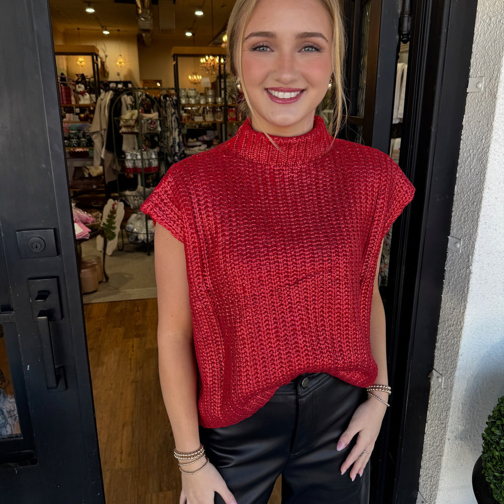 Larkyn Metallic Sweater Top- Red