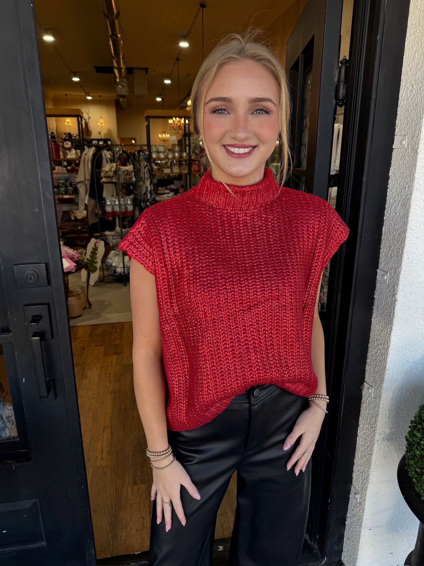 Larkyn Metallic Sweater Top- Red