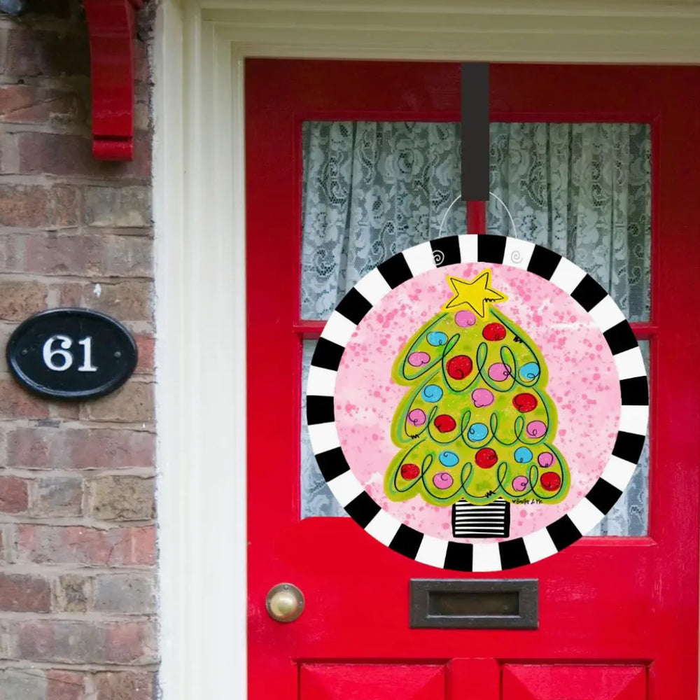 Pink Whimsical Christmas Tree Door Hanger