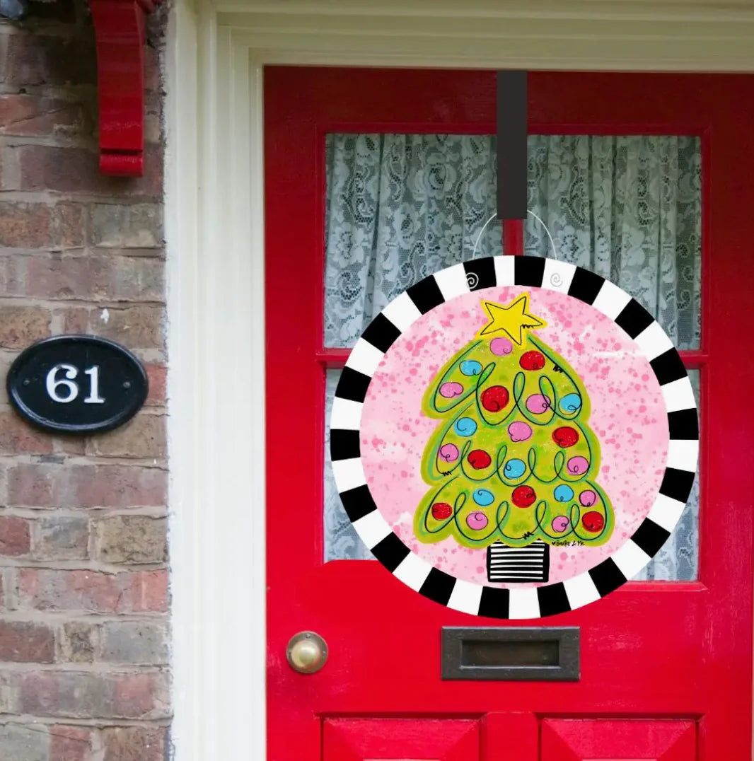 Pink Whimsical Christmas Tree Door Hanger