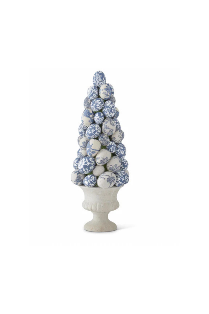 15 Inch Blue & White Floral Fabric Egg Tree