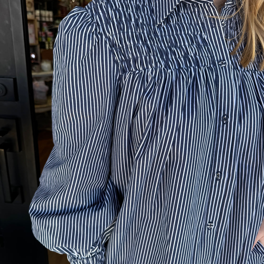 
                  
                    Sarah Smocked Striped Shirt Dress- Navy
                  
                