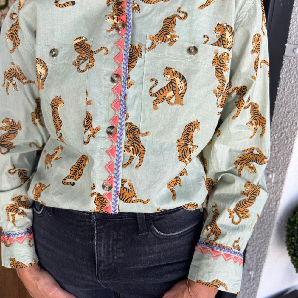 
                  
                    Ivy Jane Tiger Embroidered Camp Shirt - Sage
                  
                