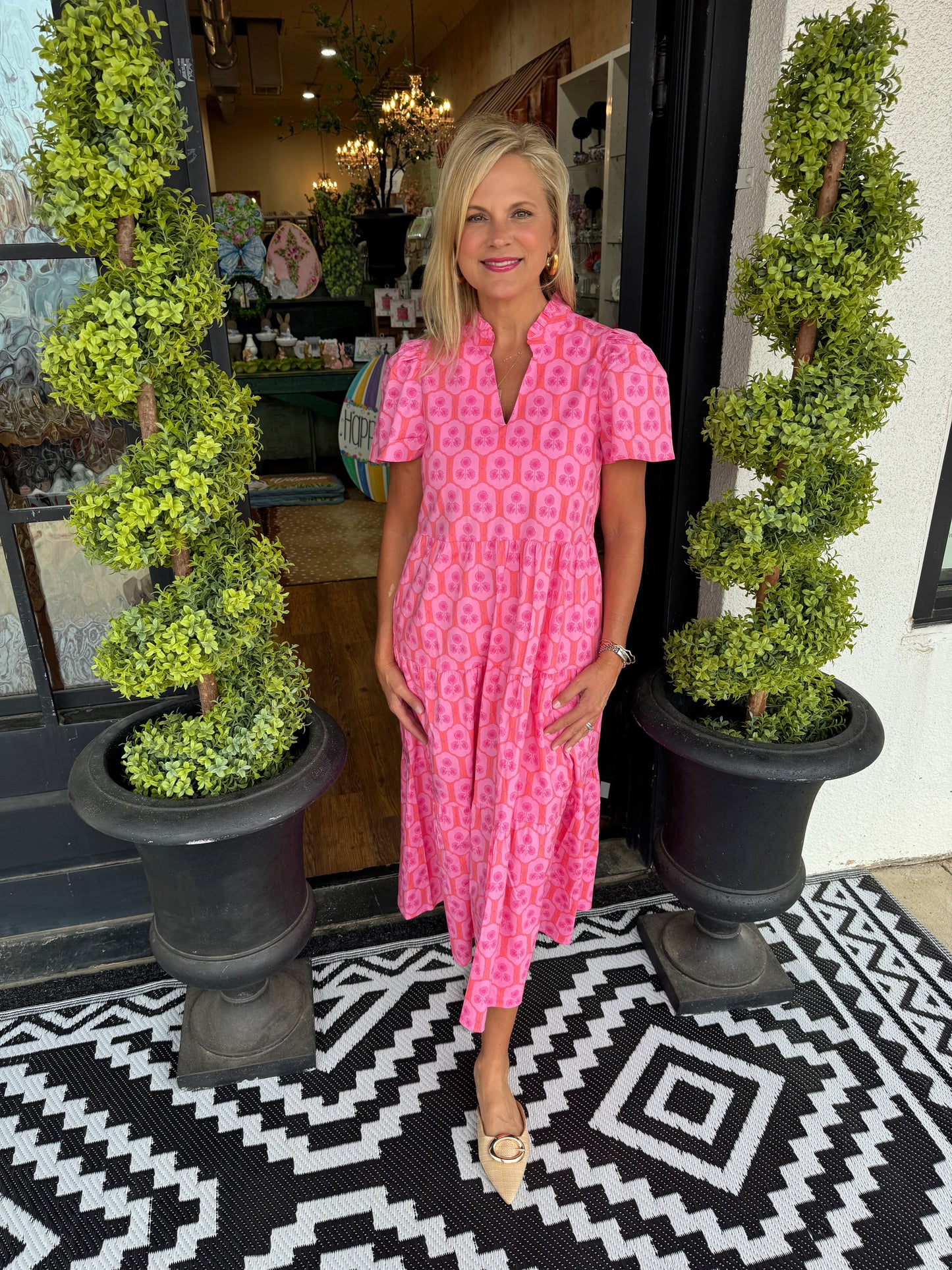 Mary Square Ivy Rosette Charm Dress - Pink