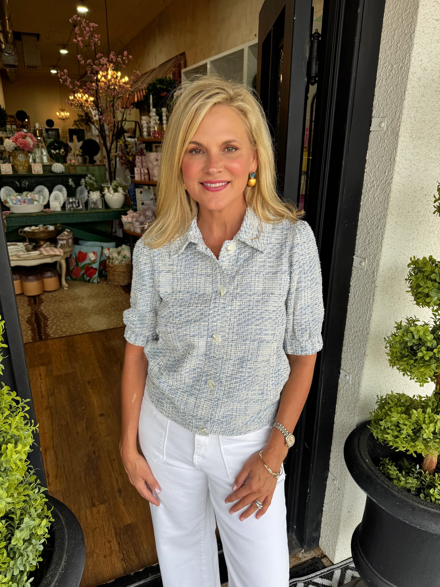 Liverpool Short Puff Sleeve Jacket - Cream/Blue Plaid