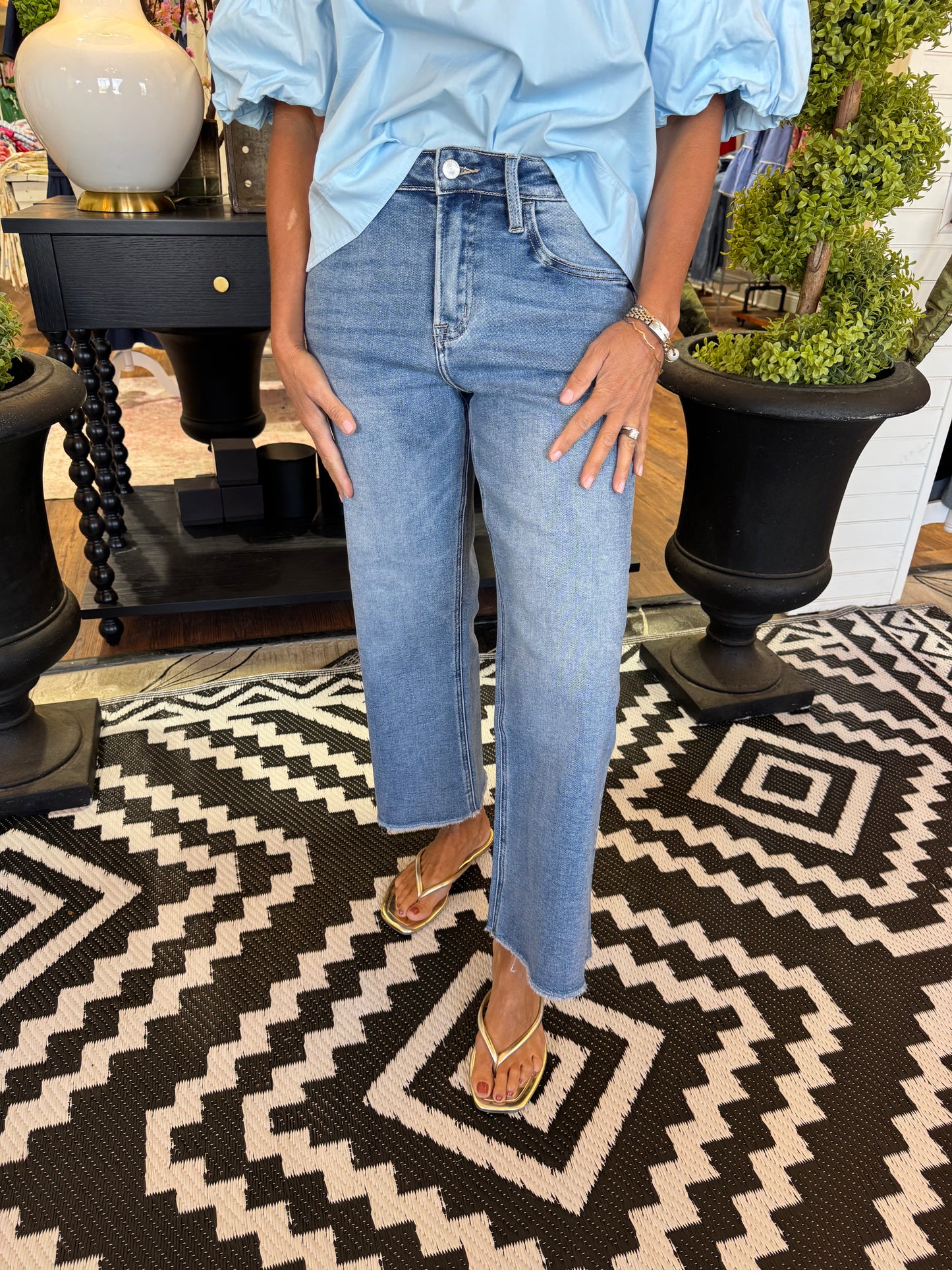 High Rise Raw Hem Slim Wide Jean - Sensationsal