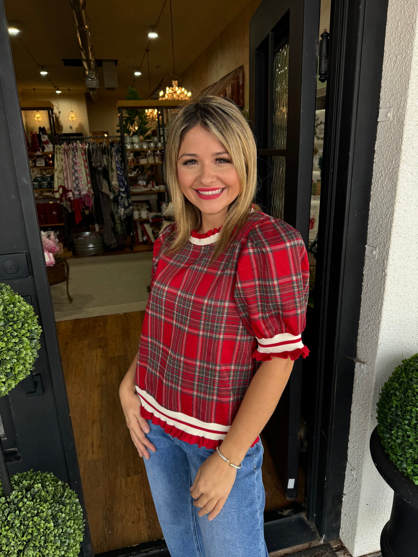 Kyla Plaid Top- Bright Red