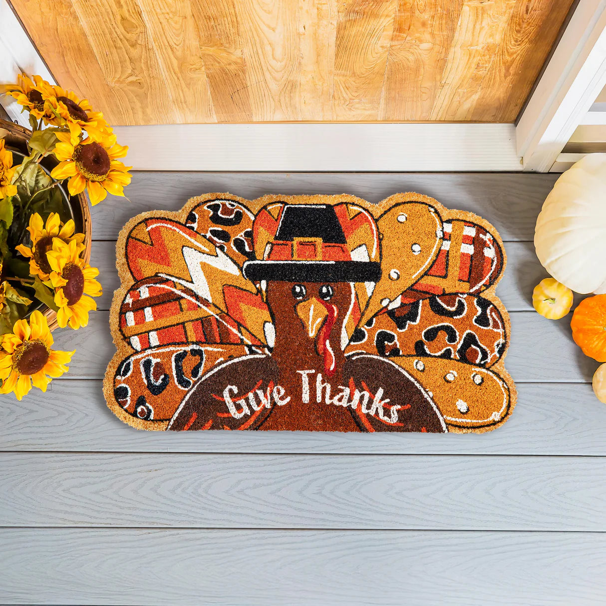 Give Thanks Patterned Turkey Shaped Coir Mat