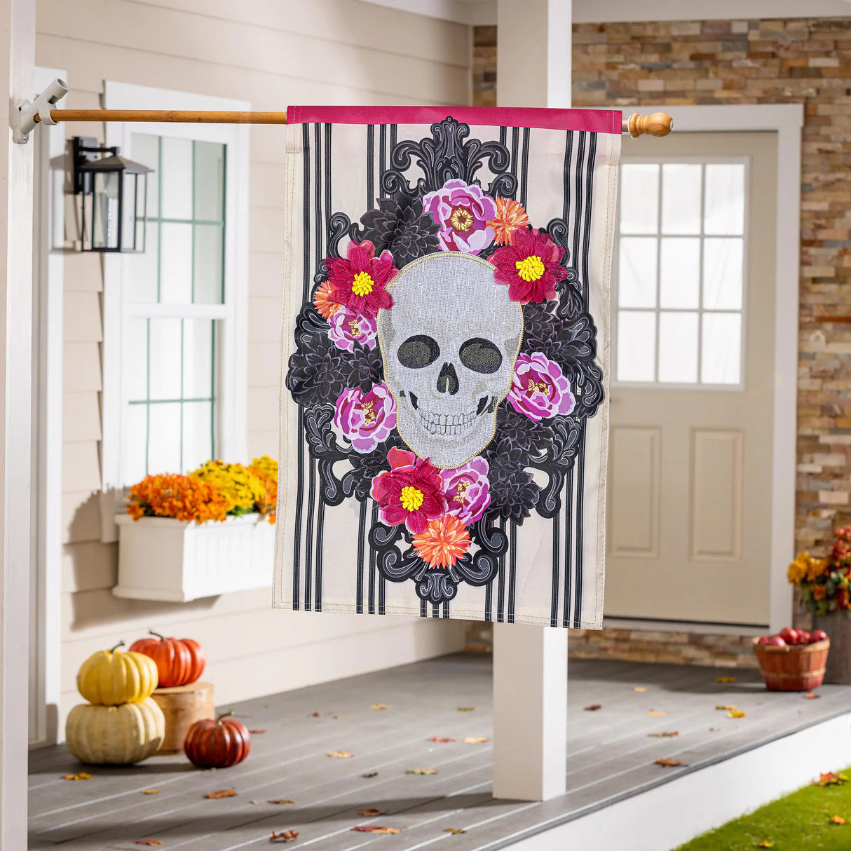 Happy Skull Floral Applique Garden Flag