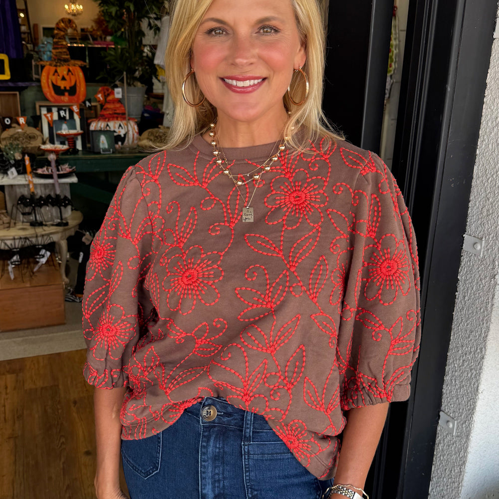 Ivy Jane Floral Vines Knit Top - Brown