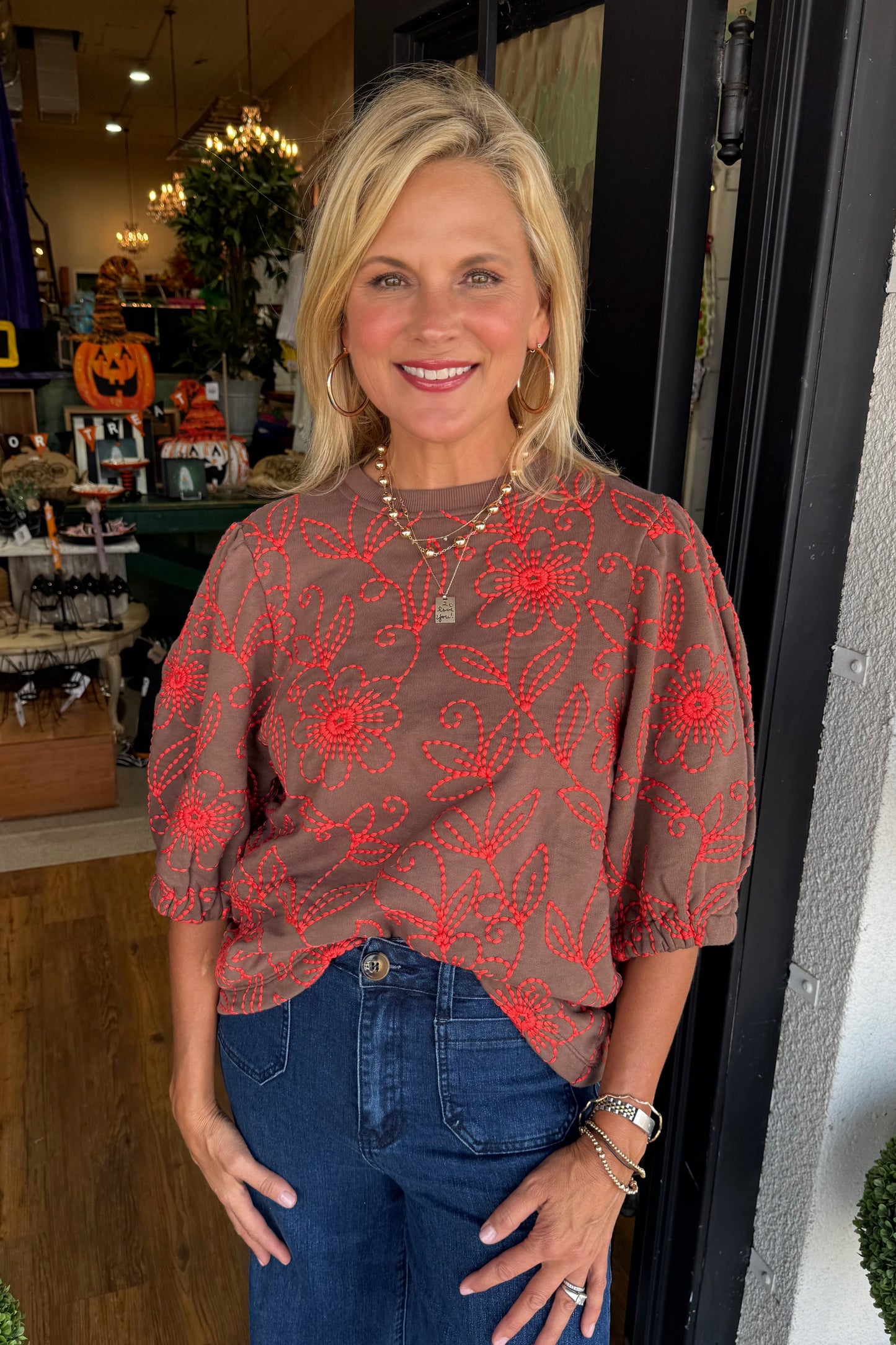 Ivy Jane Floral Vines Knit Top - Brown
