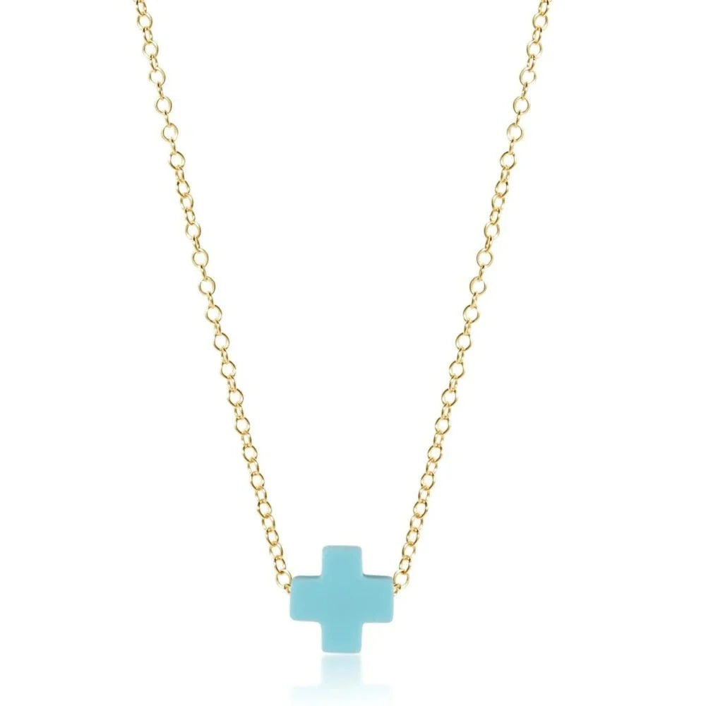 16" Necklace Gold- Signature Cross Small Turquoise