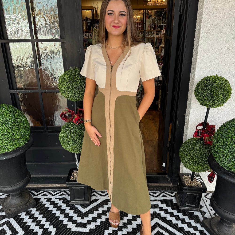 
                  
                    Ruth Colorblock Dress- Olive
                  
                