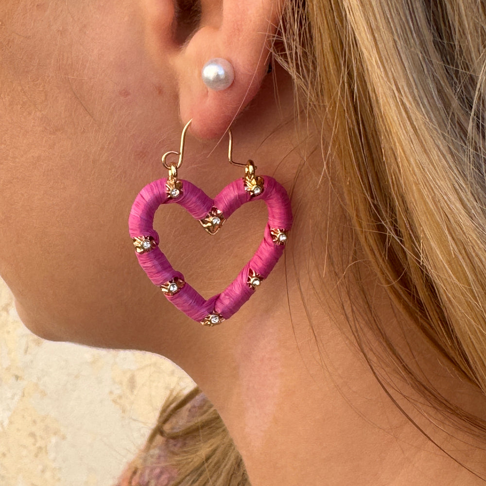 Woven Heart Earrings-Hot Pink