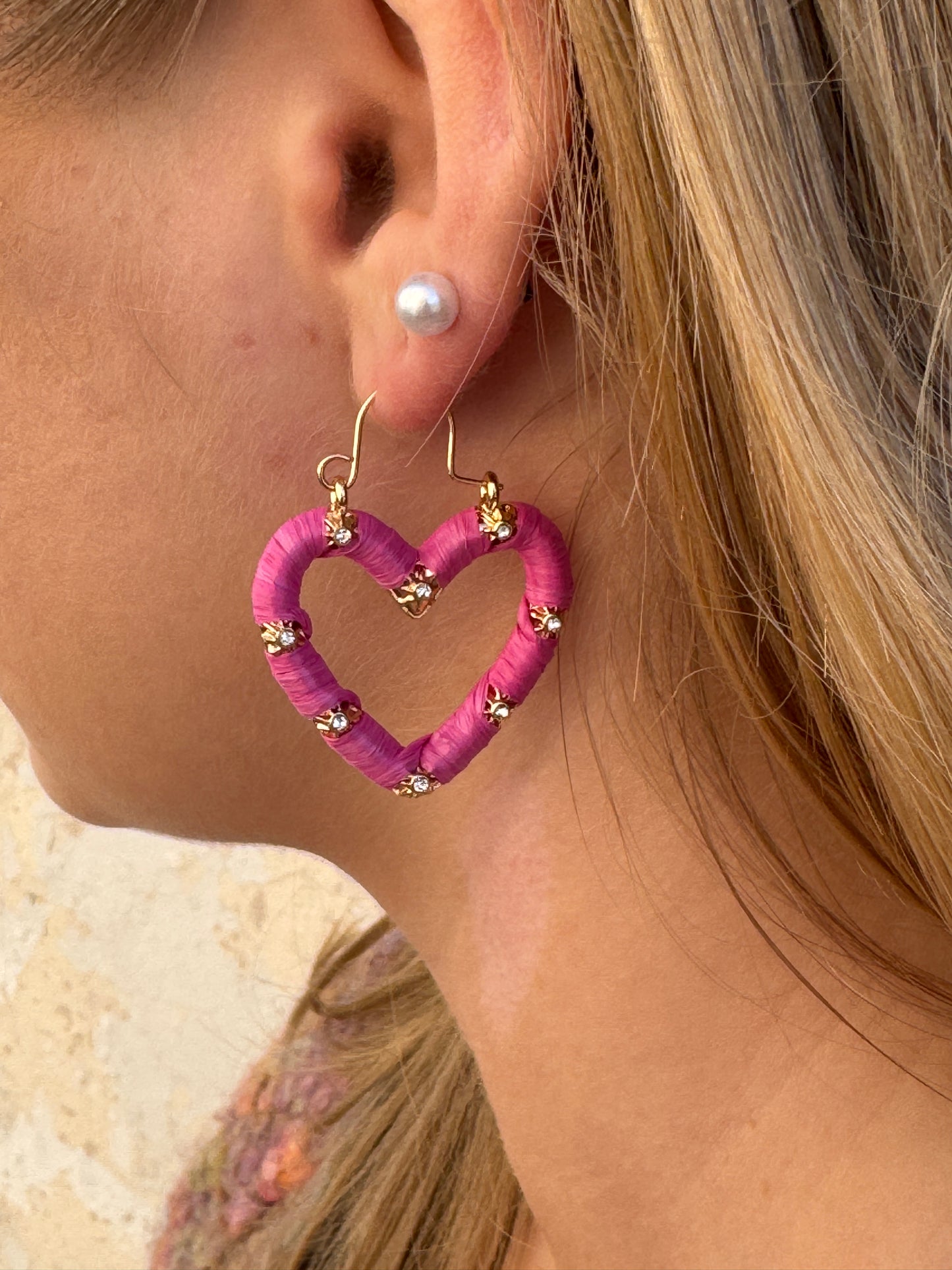 Woven Heart Earrings-Hot Pink