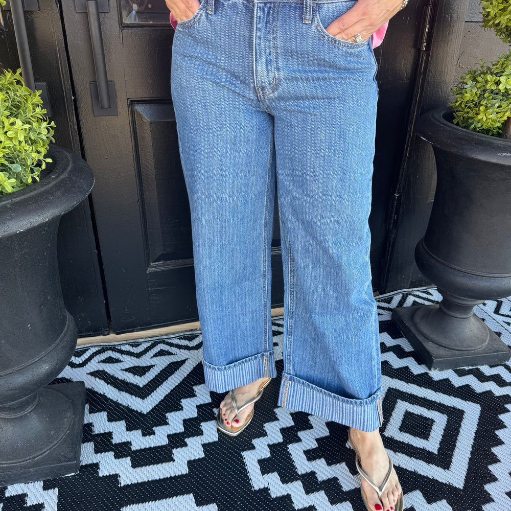 High Rise Jacquard Stripe Wide Leg Jean - Nostalgic