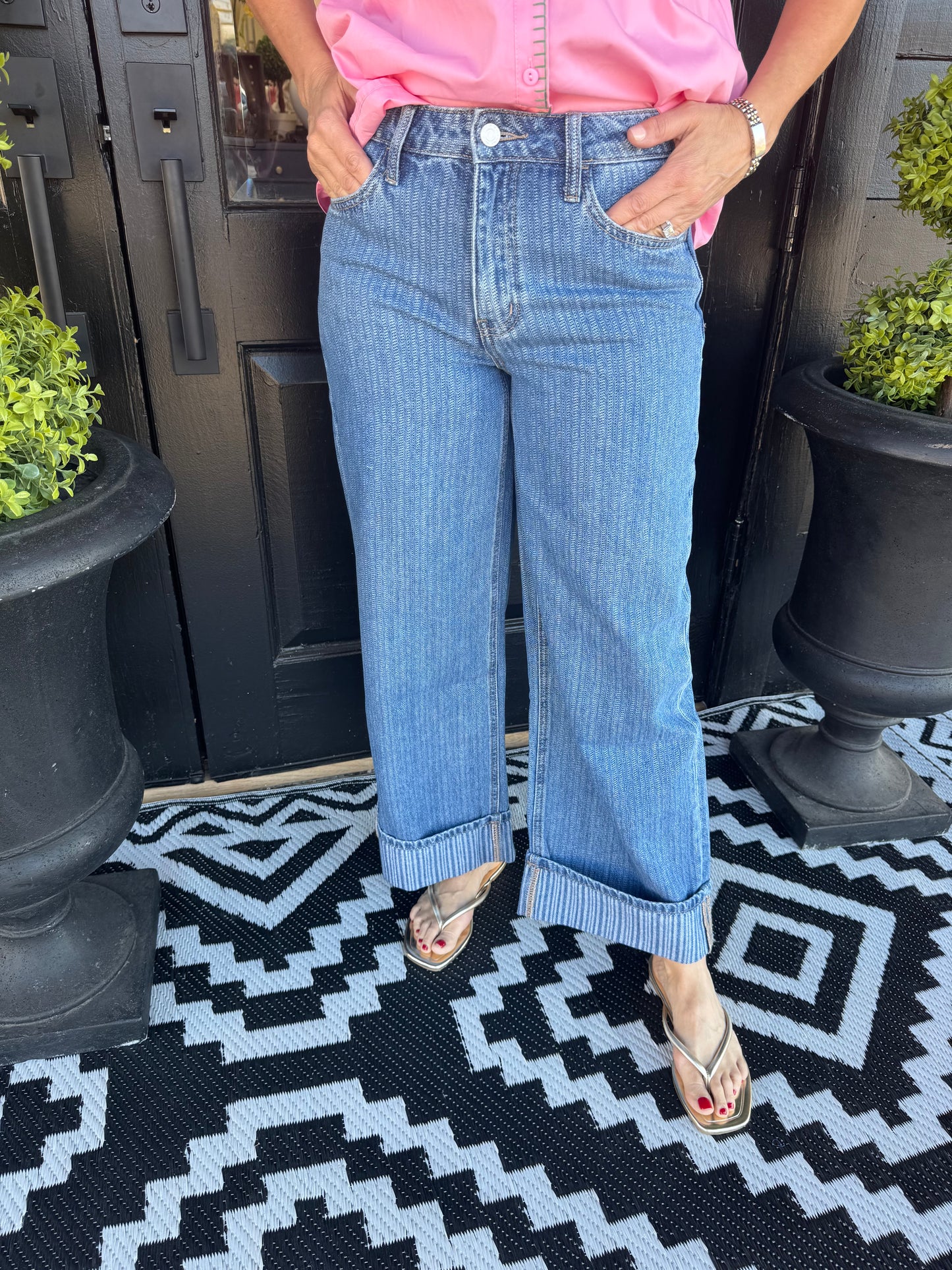 High Rise Jacquard Stripe Wide Leg Jean - Nostalgic