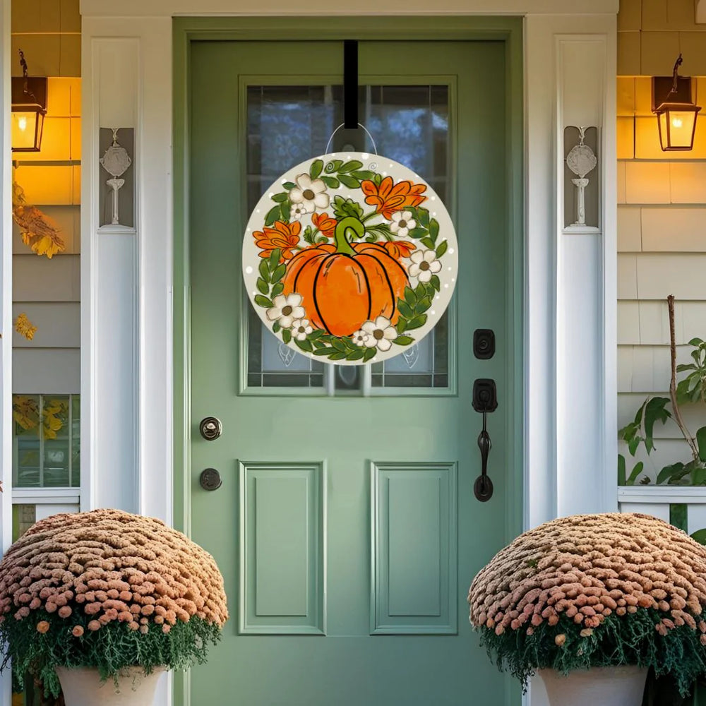 Cream Polka Dot Pumpkin with White Flowers Door Hanger