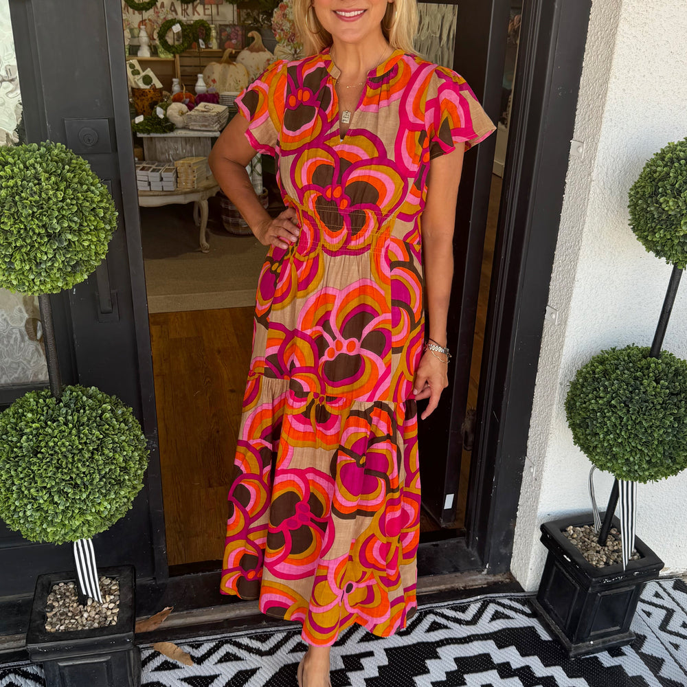 Uncle Frank Bold Floral Midi Dress - Khaki