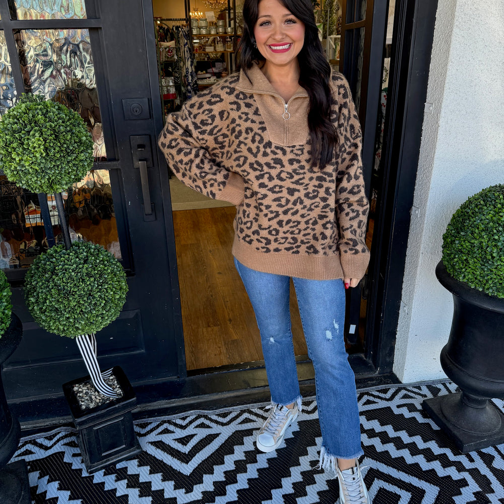 Iris Leopard Zip Up Sweater- Camel