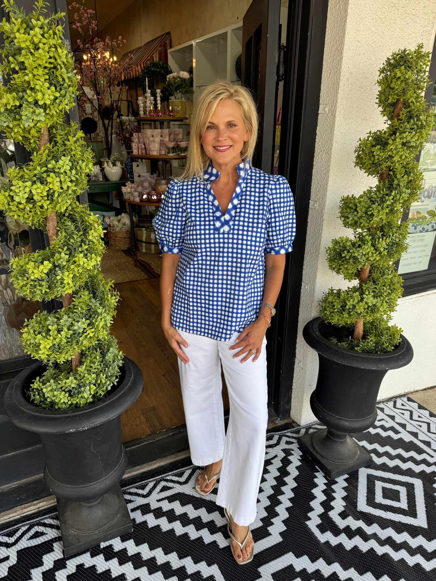Mary Square Tricia Gingham Mix Top - Navy