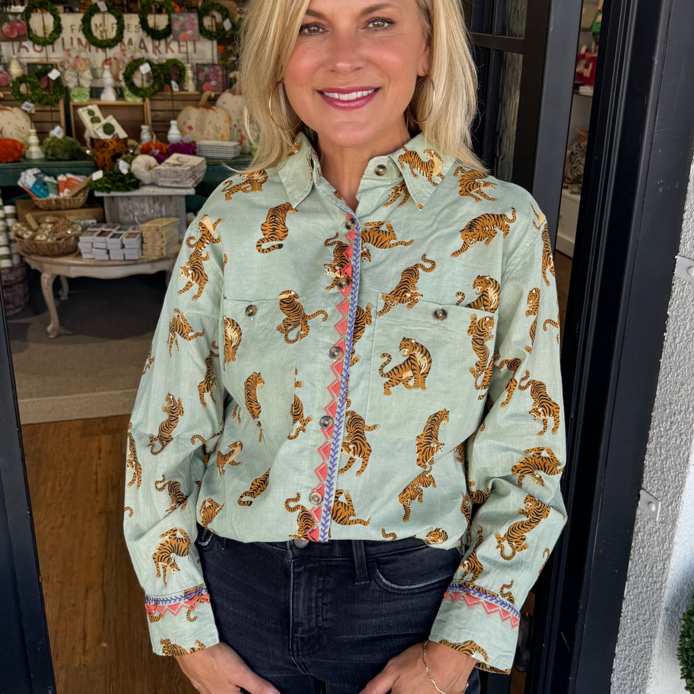 Ivy Jane Tiger Embroidered Camp Shirt - Sage