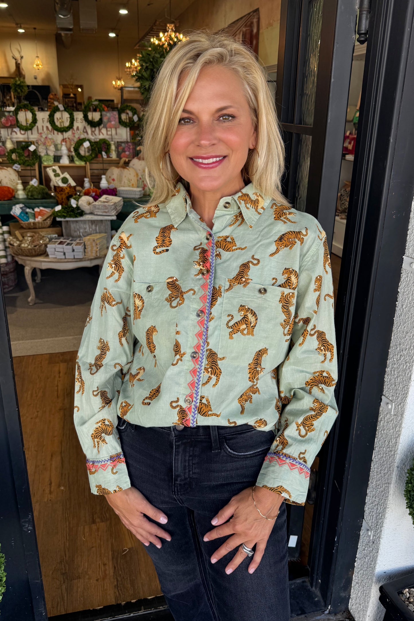Ivy Jane Tiger Embroidered Camp Shirt - Sage