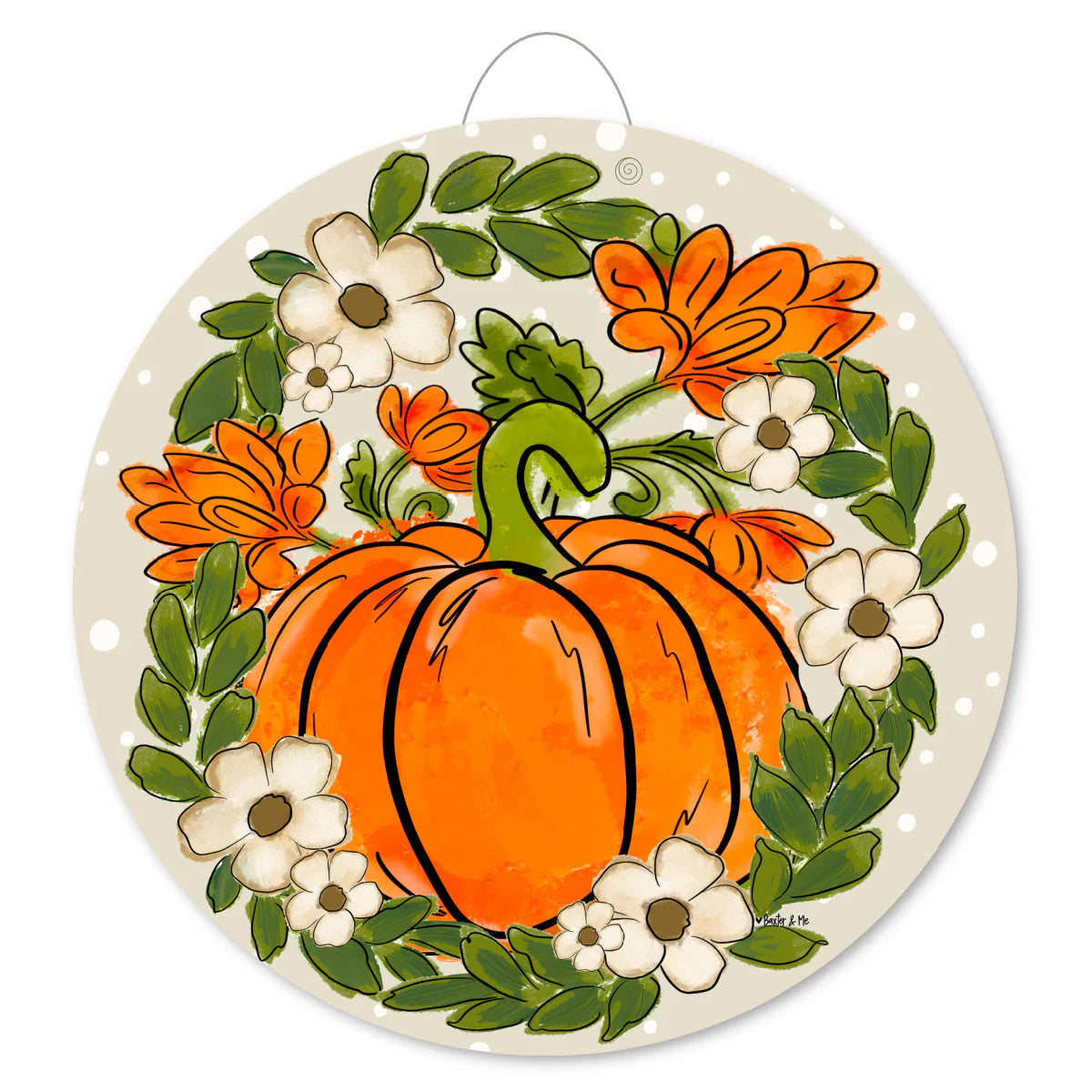 Cream Polka Dot Pumpkin with White Flowers Door Hanger