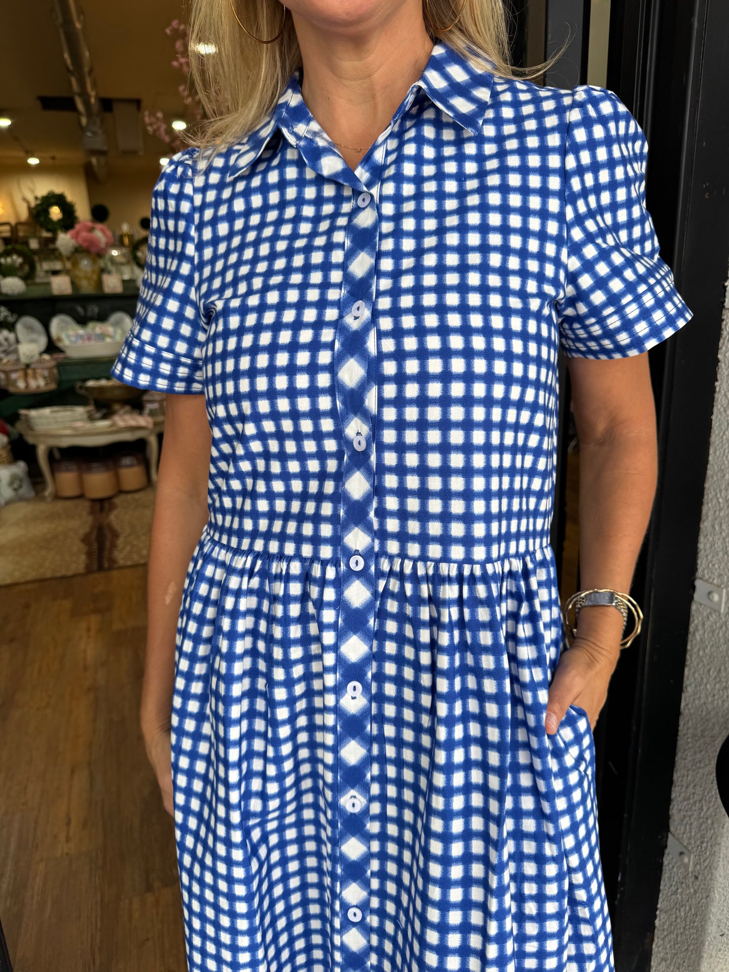Mary Square Jema Gingham Mix Dress - Navy