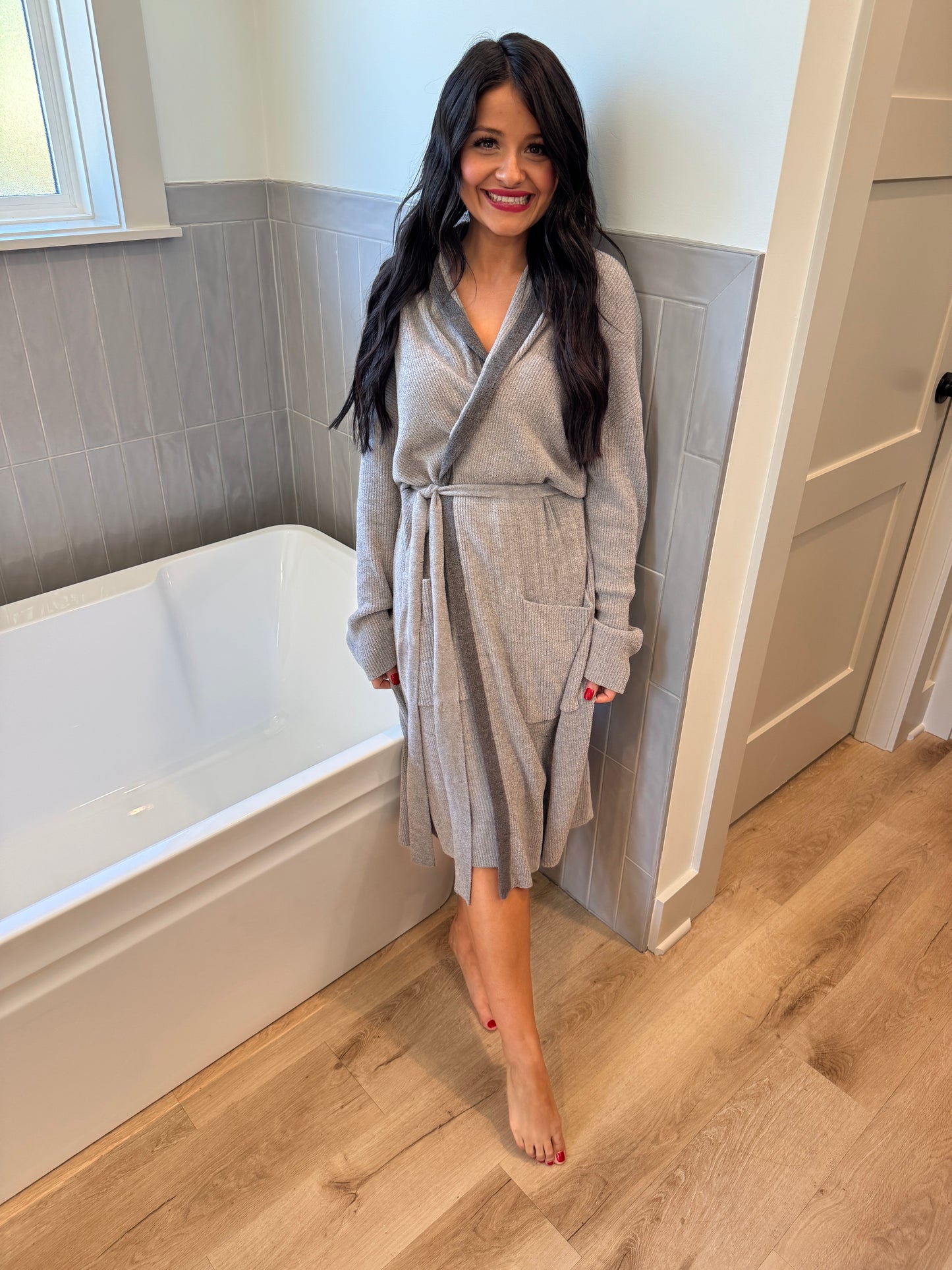 Barefoot Dreams Tipped Ribbed Short Robe- Dove Gray