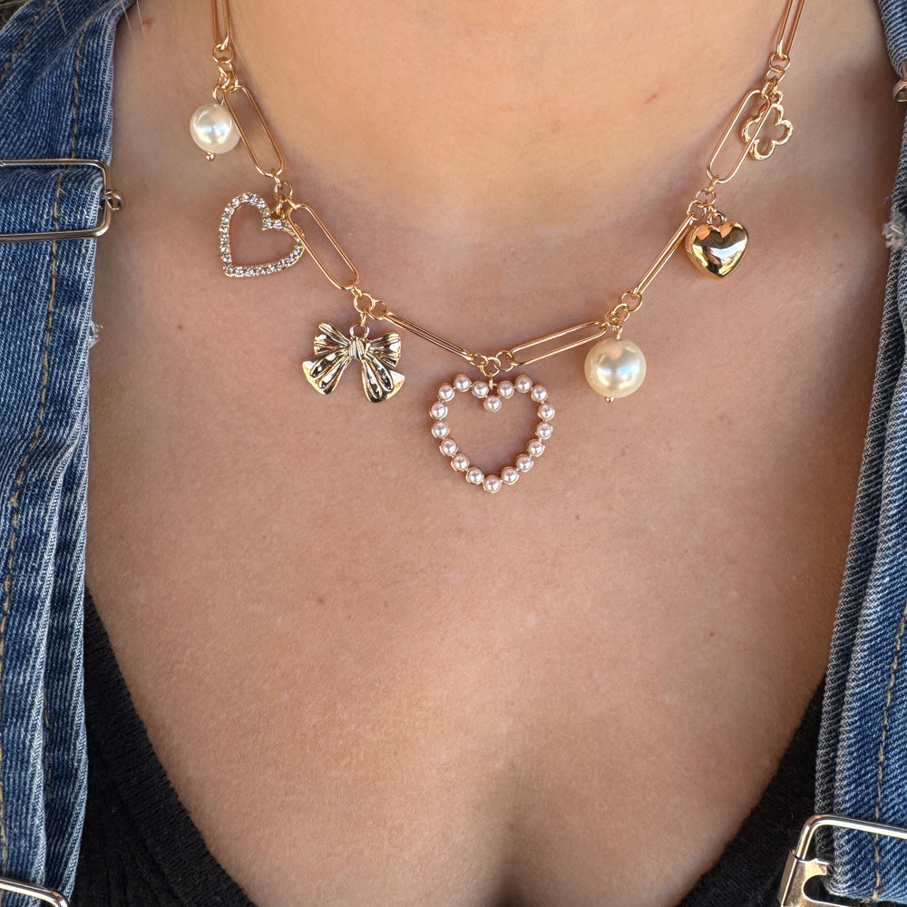 Pearl & Diamond Heart Charm Necklace