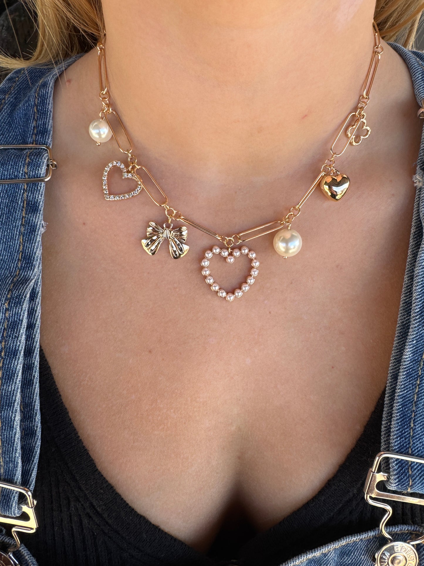 Pearl & Diamond Heart Charm Necklace