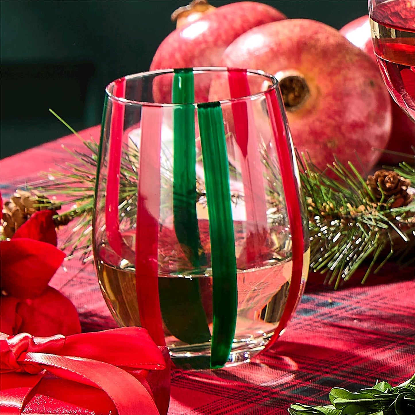 Holiday Cheer Stemless Wine Glass - Red/Green Stripes