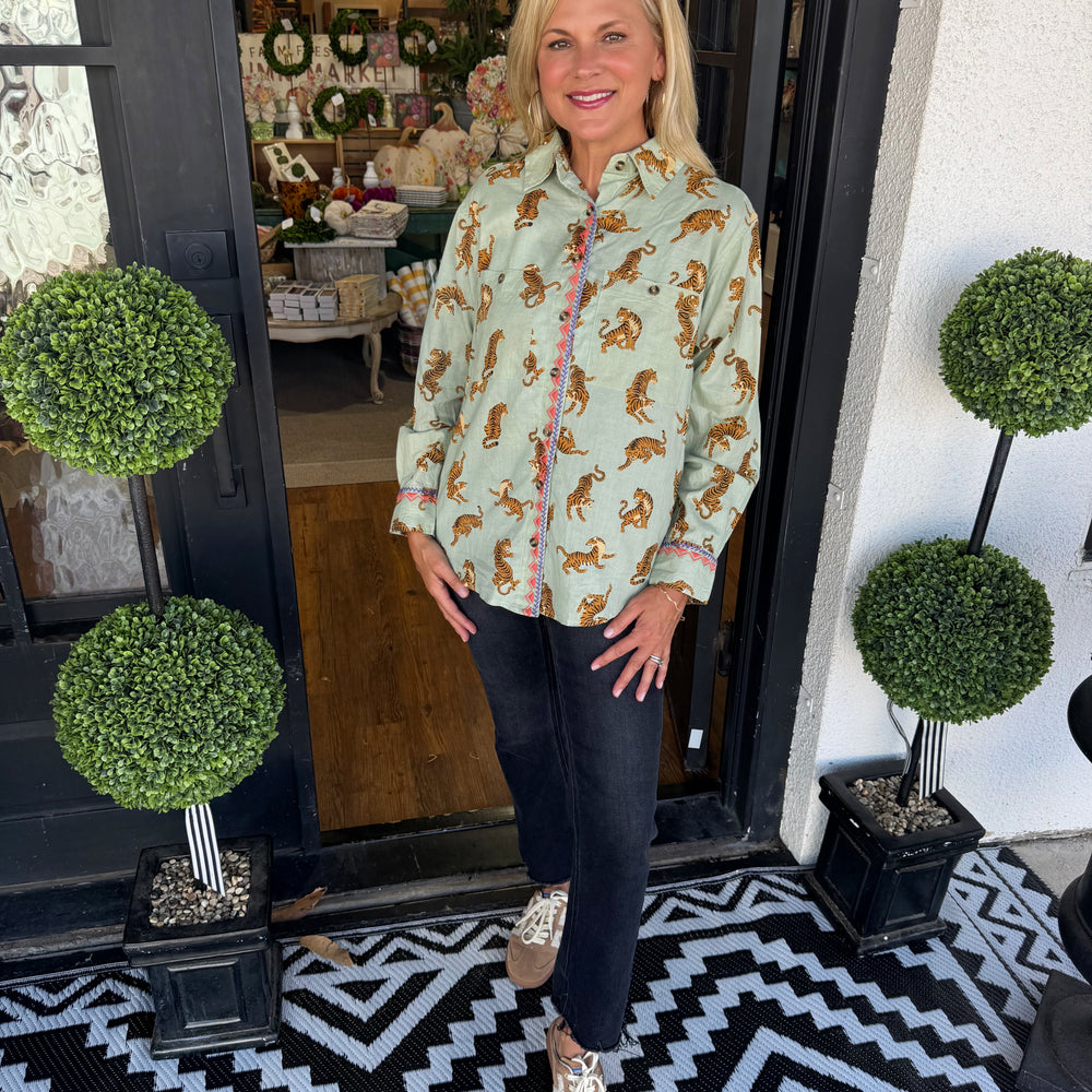 Ivy Jane Tiger Embroidered Camp Shirt - Sage