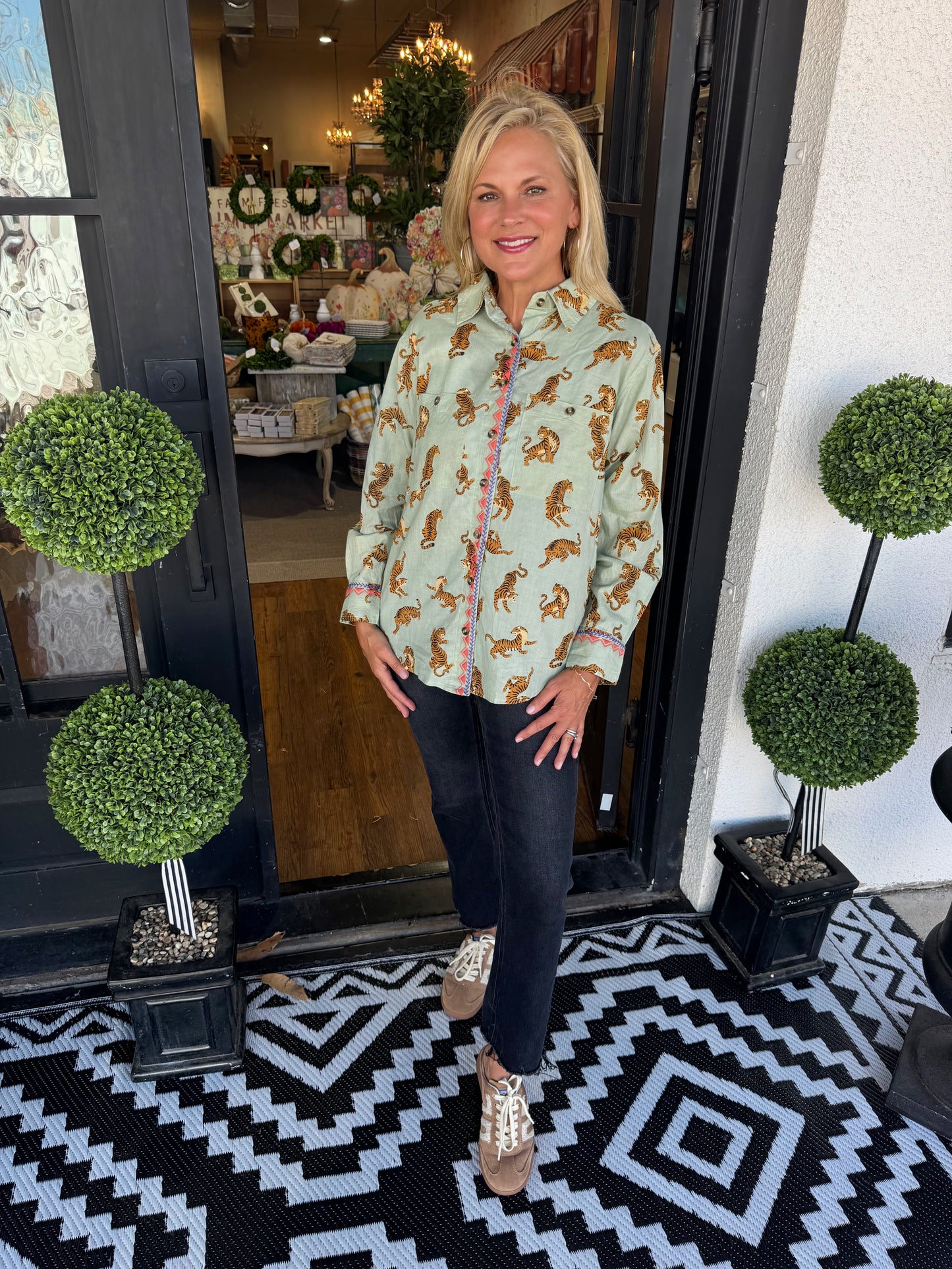 Ivy Jane Tiger Embroidered Camp Shirt - Sage