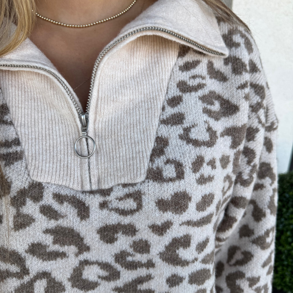 Iris Leopard Zip Up Sweater- Oatmeal