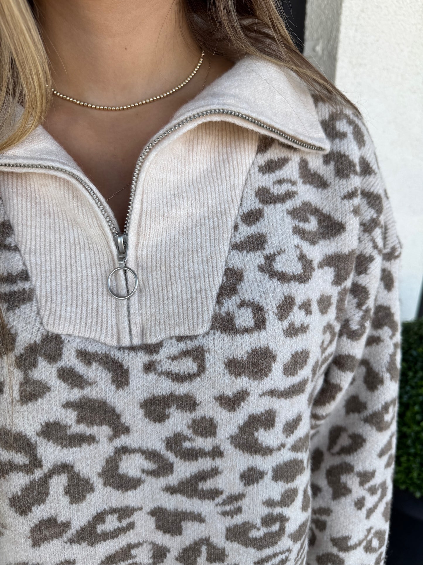 Iris Leopard Zip Up Sweater- Oatmeal