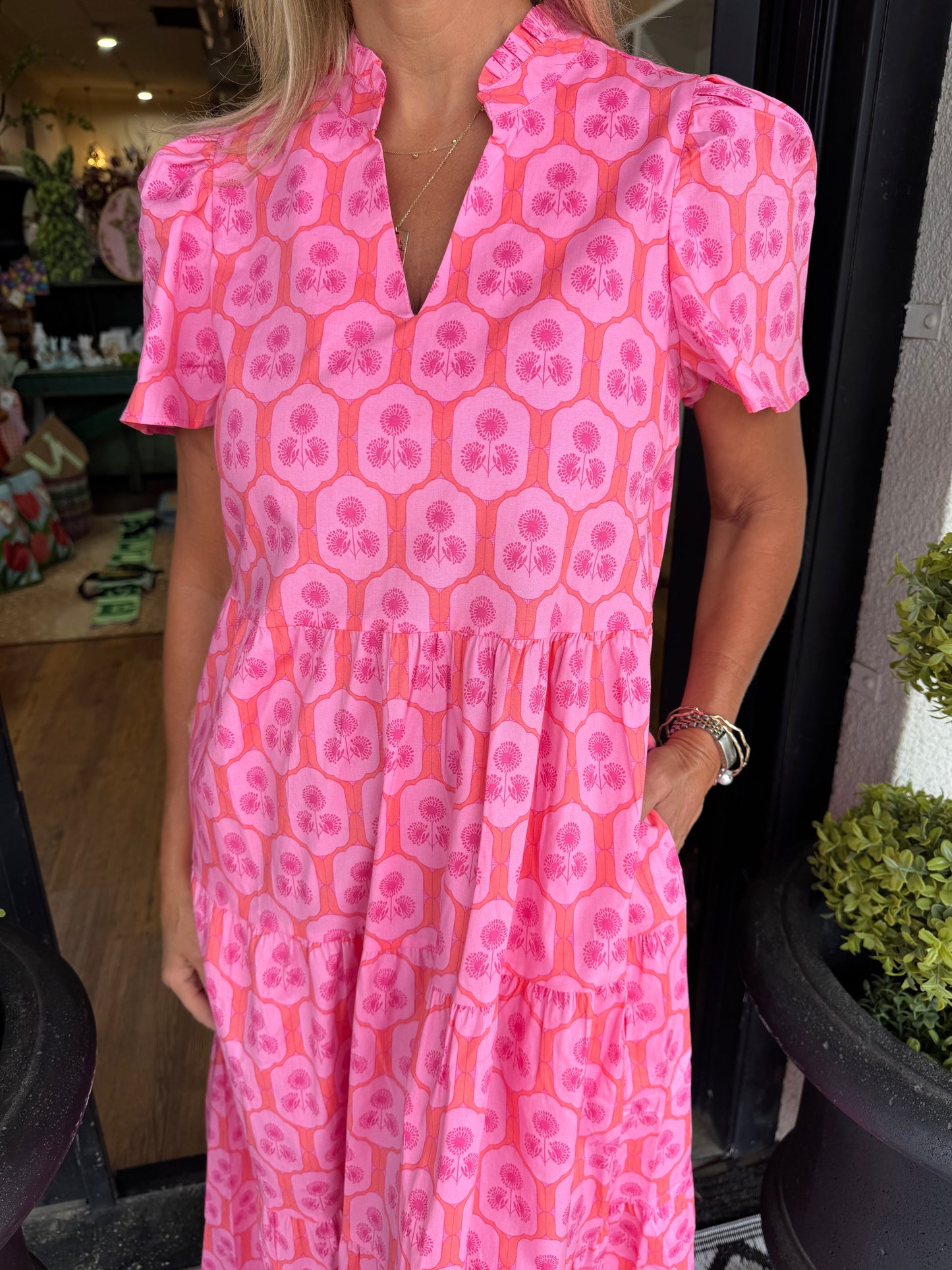 Mary Square Ivy Rosette Charm Dress - Pink